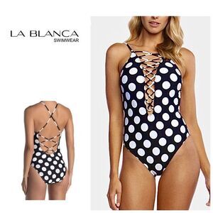 New. La Blanca polka dot plunge neck swimsuit. MSRP $139. Size 14